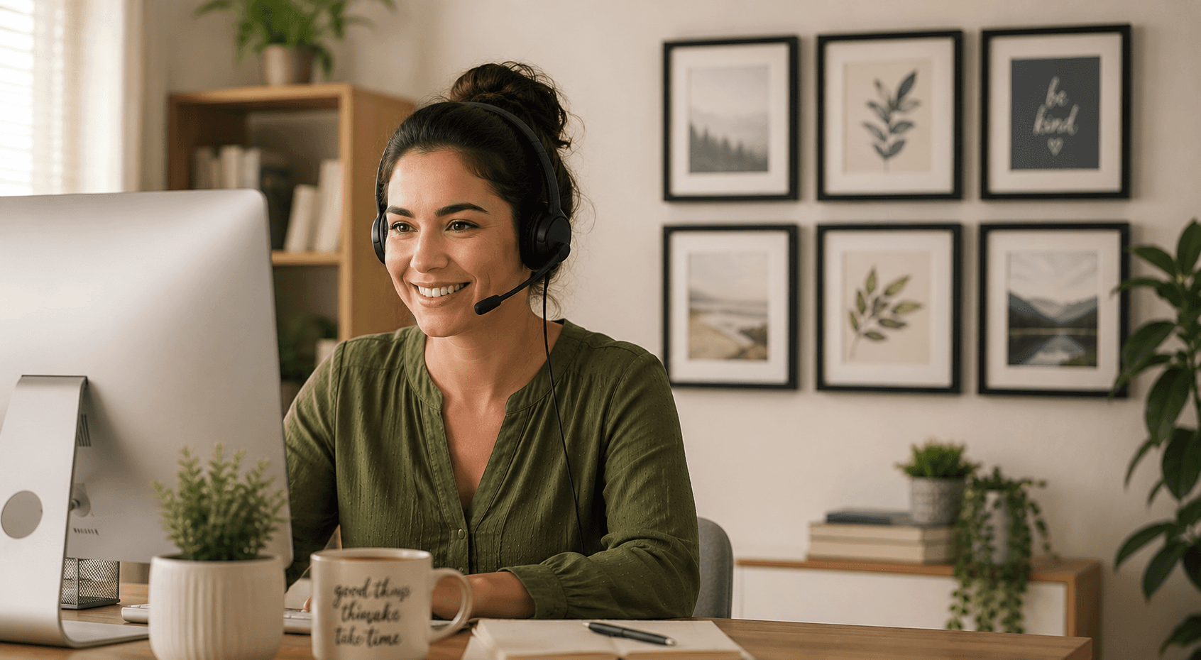 Smiling customer service framer wearing a headset at her desk in a warm home office, with a gallery wall of framed botanical prints and landscape photos behind her