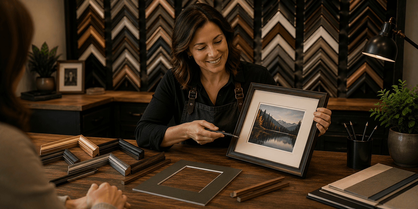 A smiling custom framer at her workbench holding a finished landscape print in a dark wood frame with a cream mat, surrounded by frame corner samples, an empty mat, and a wall of moulding profiles behind her.
