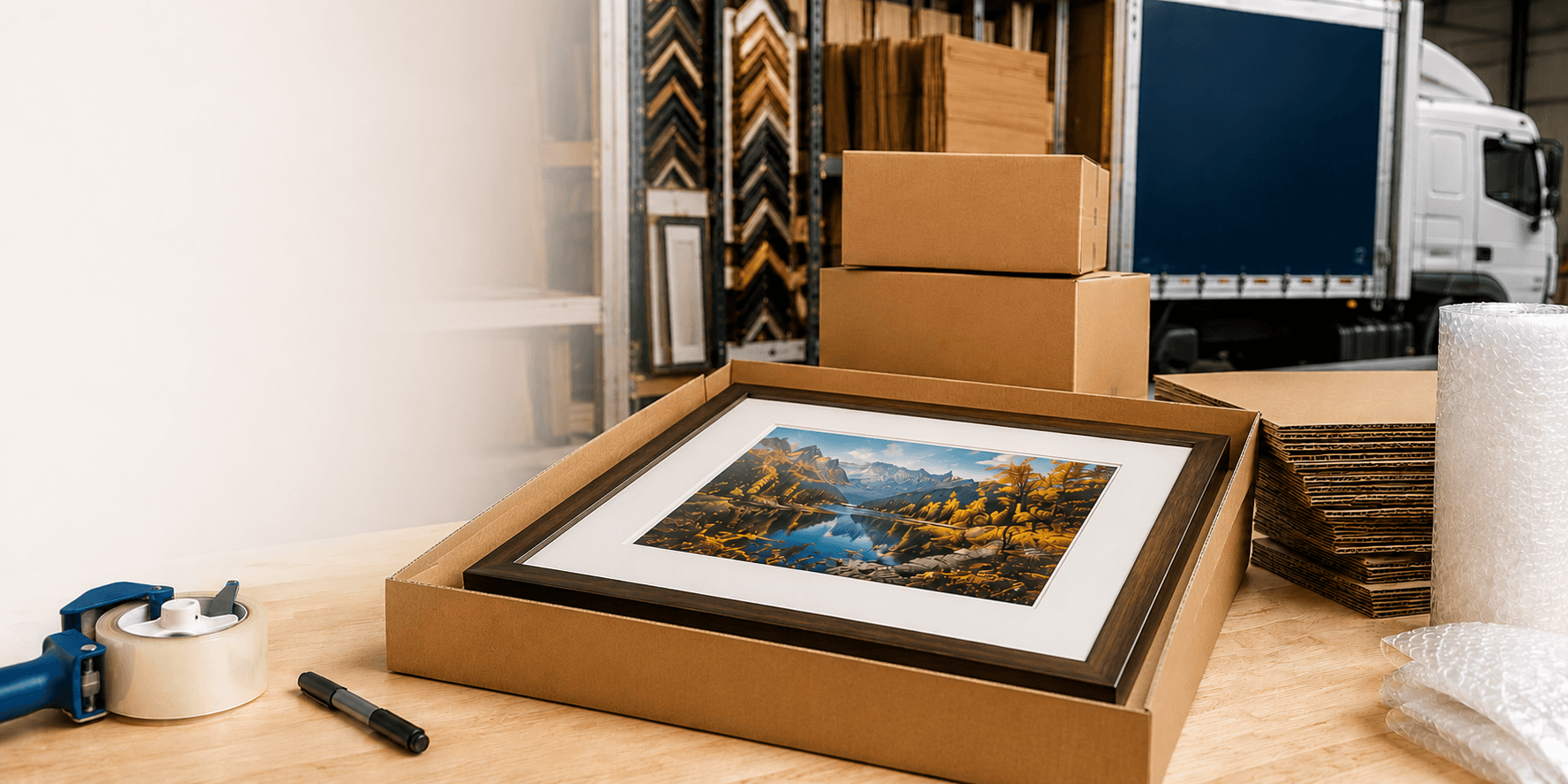 Custom picture frame packaged in a fitted carton with bubble wrap, cardboard, and a delivery truck in our New Jersey workshop