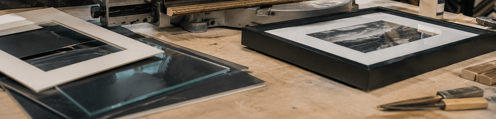 A workshop bench scene with two finished black picture frames containing a mat and a landscape print, sheets of clear framers' acrylic, a double-miter saw in the background, and woodworking tools laid out on the bench.