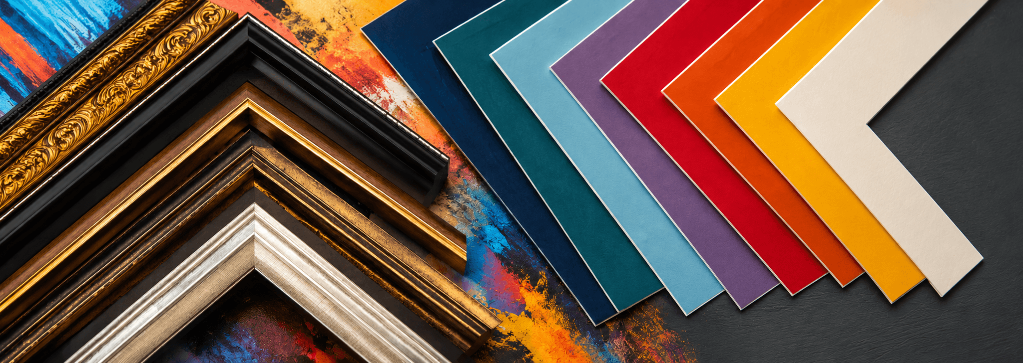 Ornate gold, black, and silver picture frame moulding corner samples fanned alongside a chevron of teal, slate blue, plum, red, orange, gold, and cream mat board swatches