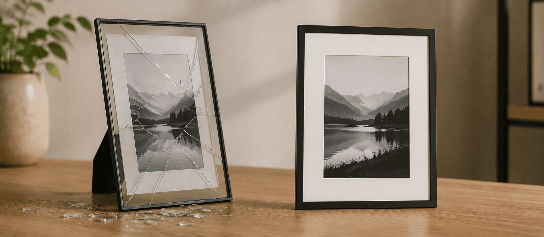 Non-glare acrylic being lowered onto a print, optical clarity visible against regular glass beside it.
