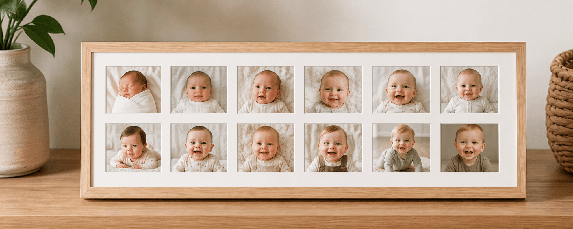 Multi-opening frame holding twelve monthly baby photos, parent's hands placing the last one.