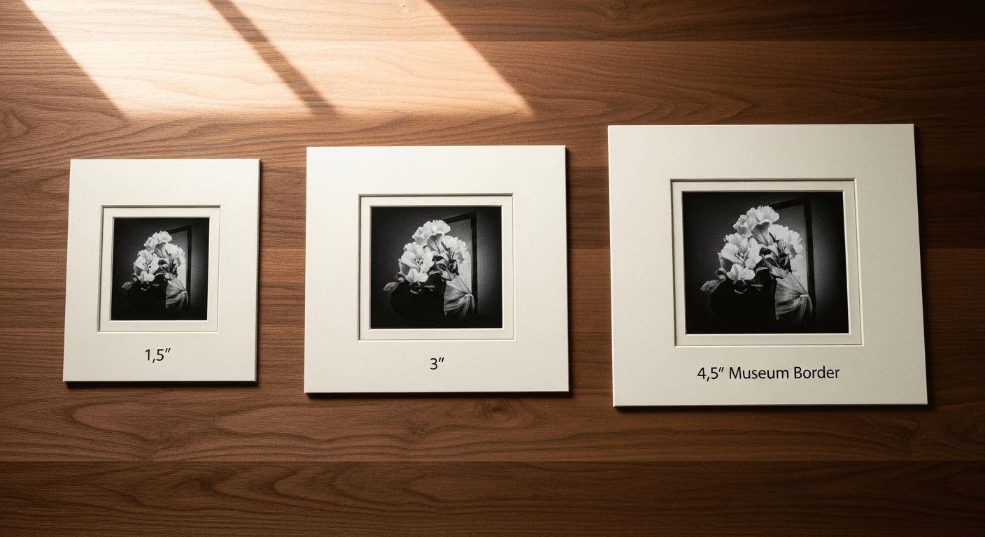 Three identical black-and-white floral photographs framed with narrow, balanced, and museum-width cream mat borders for proportion comparison.