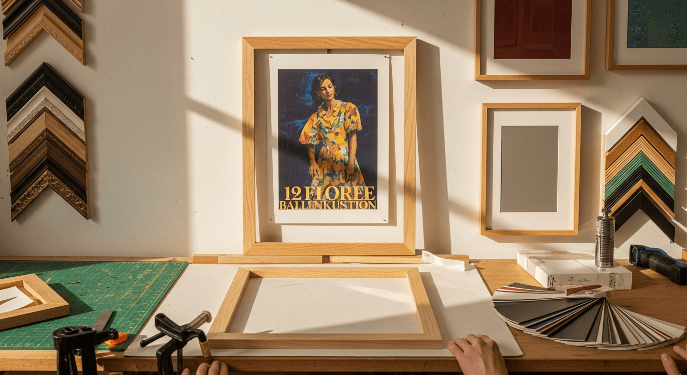 Affordable frame with a vintage poster on a college dorm style wall, simple and warm.