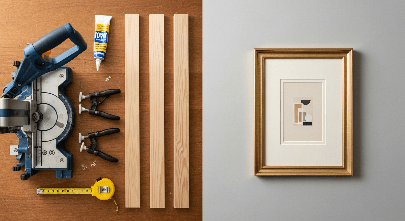 Split image: DIY framing tools (miter saw, clamps, glue, raw moulding) on the left, a finished custom-framed piece in a gold frame on the right