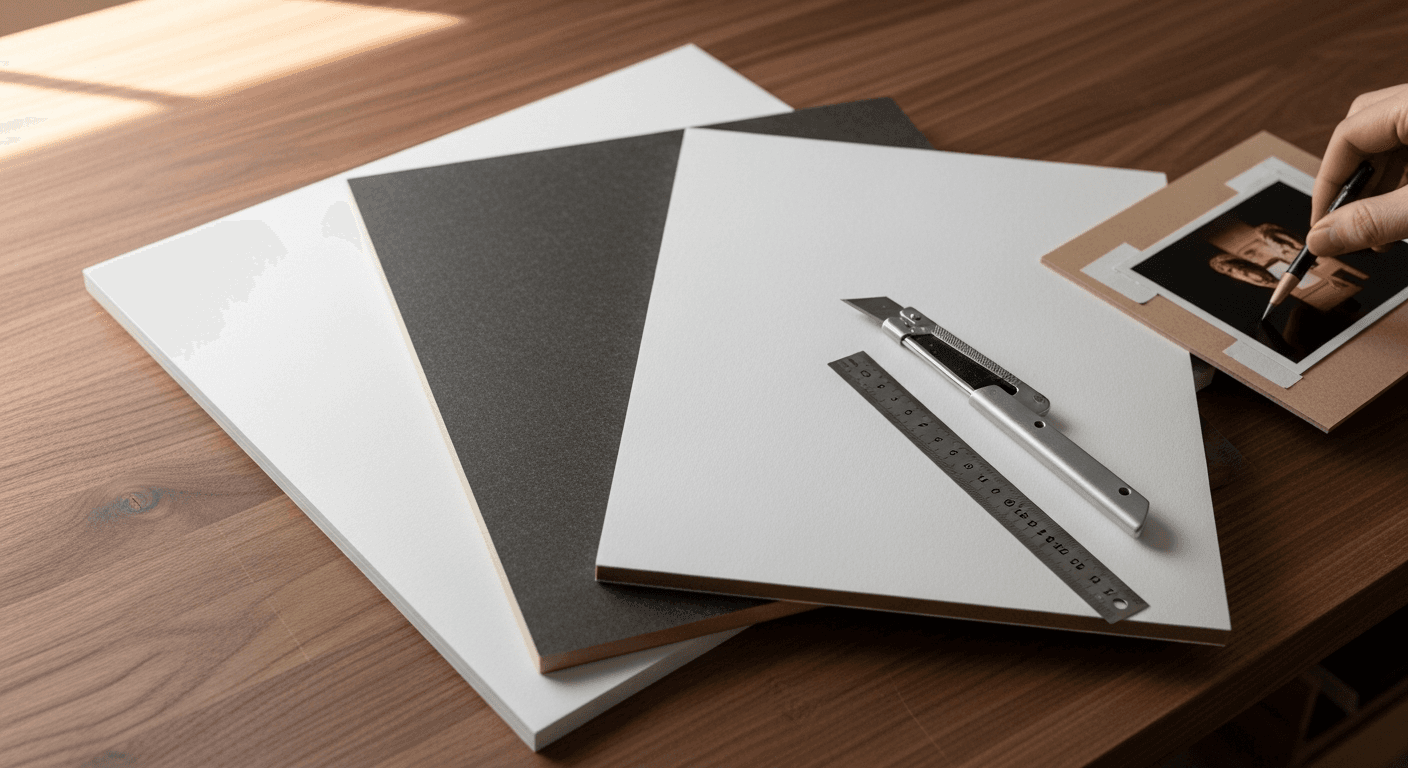 Three thicknesses of white acid-free foam board fanned on a walnut bench with an X-Acto knife and metal ruler for archival mounting.