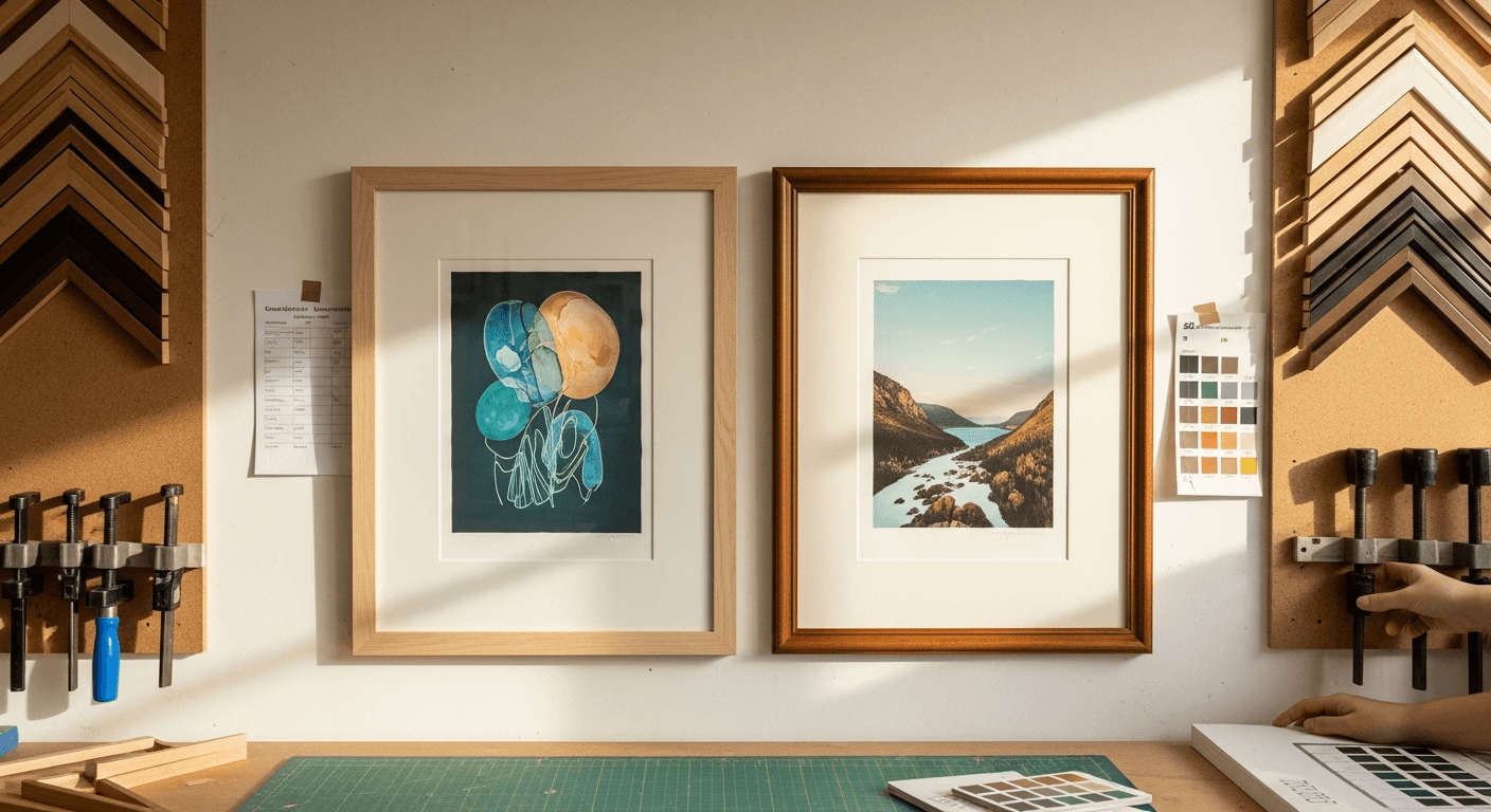 Two finished frames side by side on a wall, online order versus custom shop quality.