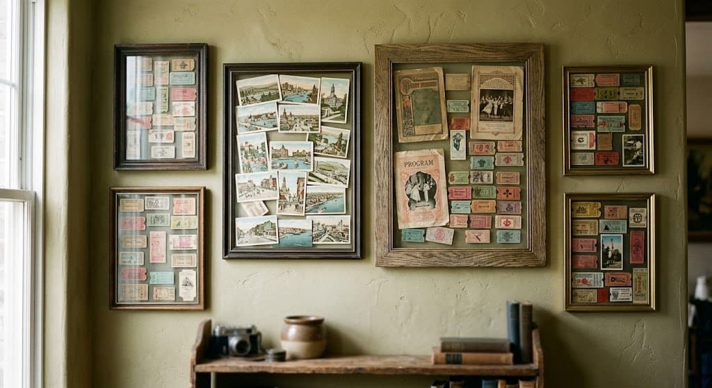 Vintage train ticket and a pressed flower laid out on a workshop bench, frame profile beside.