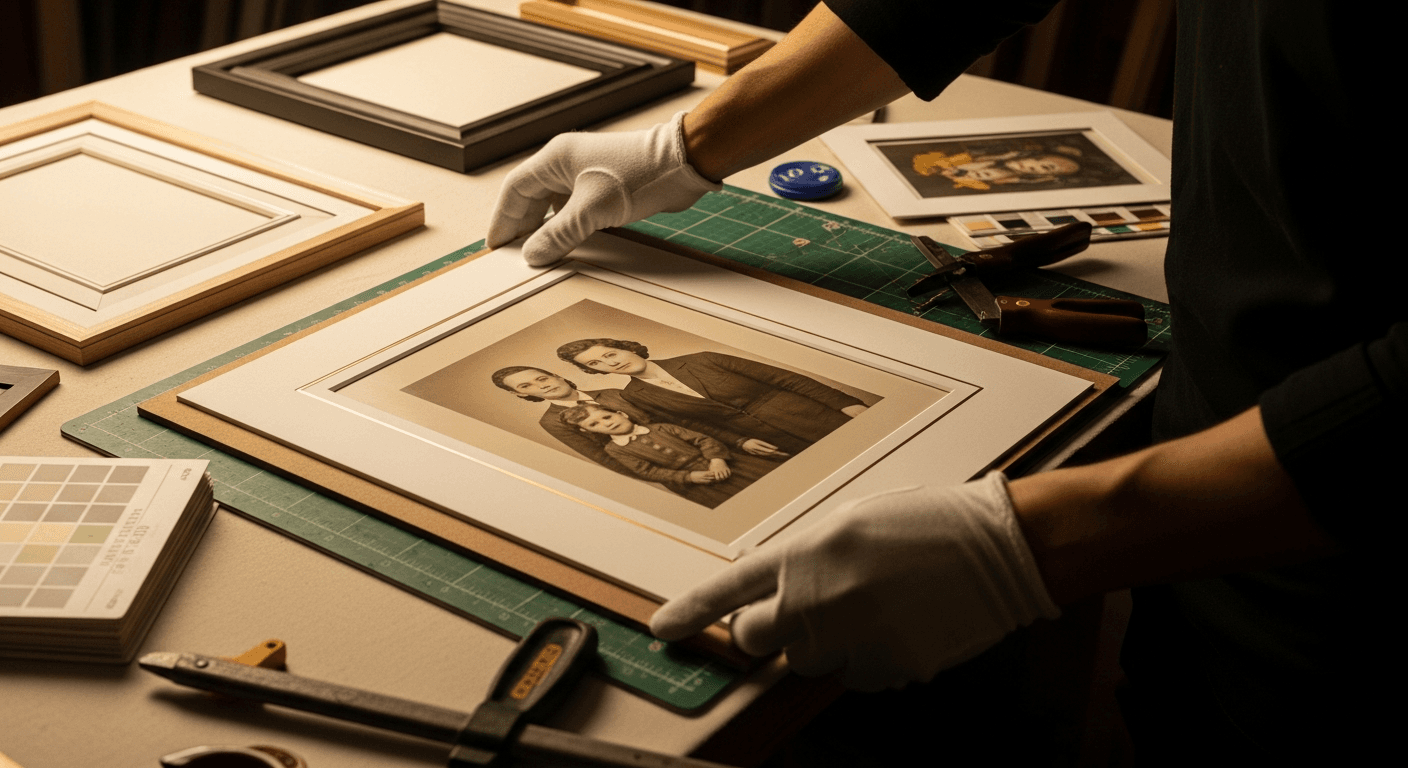 Sepia-toned family portrait being placed into an archival mat by gloved hands, dim warm light.