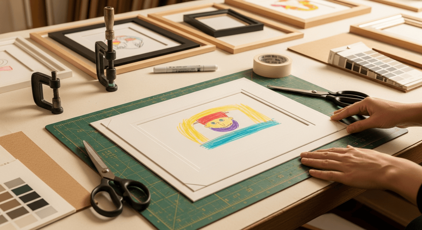 Kid's marker drawing being set into a mat with rounded corners, scissors and tape on bench.