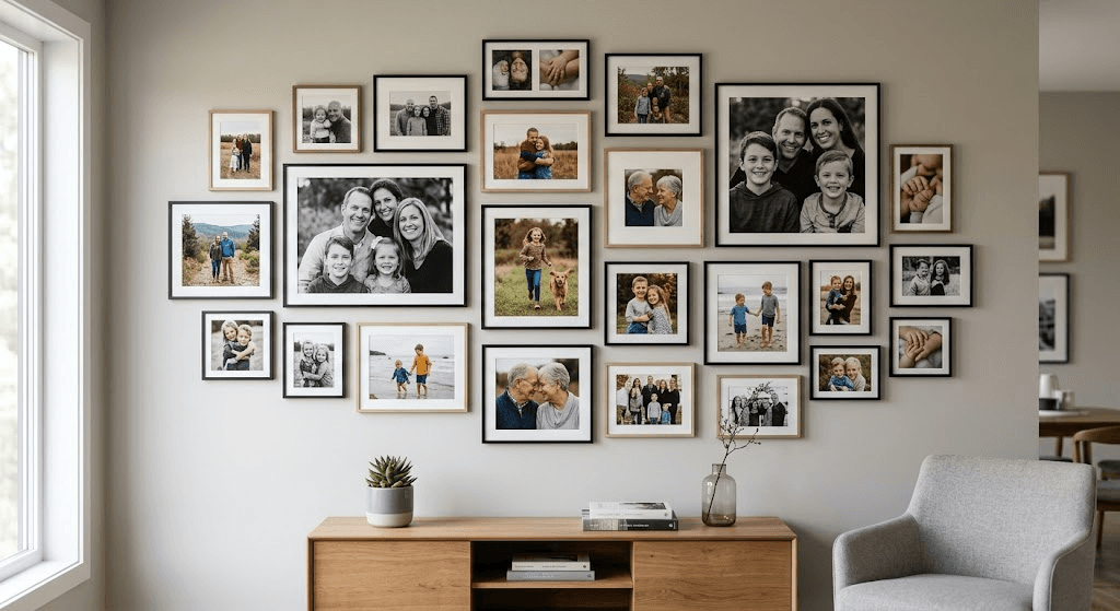 A styled gallery wall of framed prints and photos arranged on a living-room wall