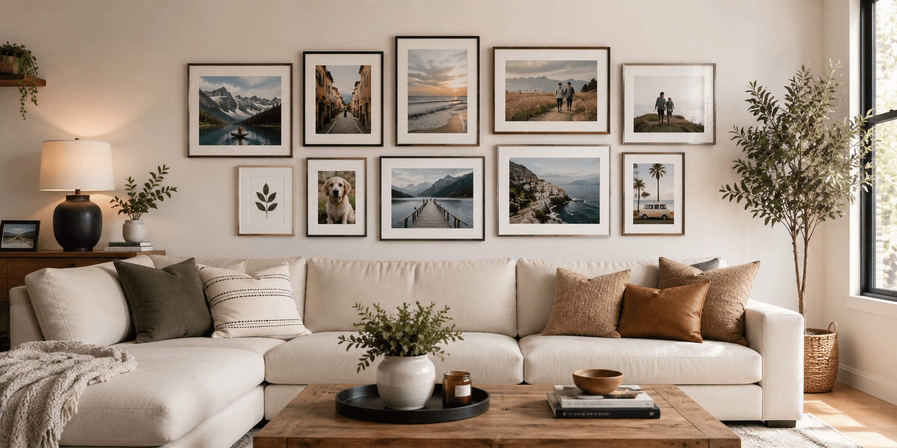 Finished gallery wall in a real living space, mixed sizes and orientations, lived-in atmosphere.