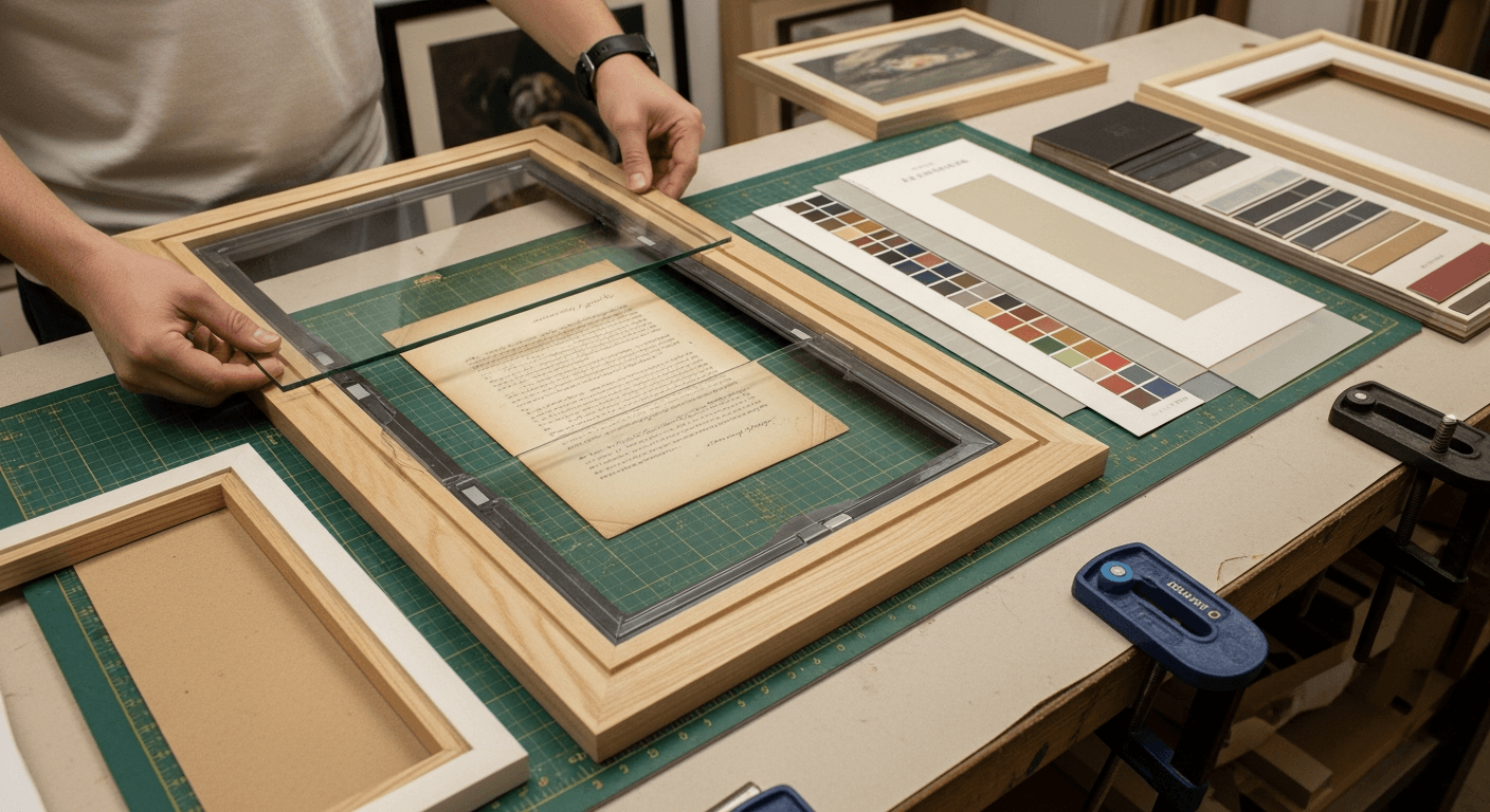 Aged document being placed into an archival framing setup, archival materials visible.