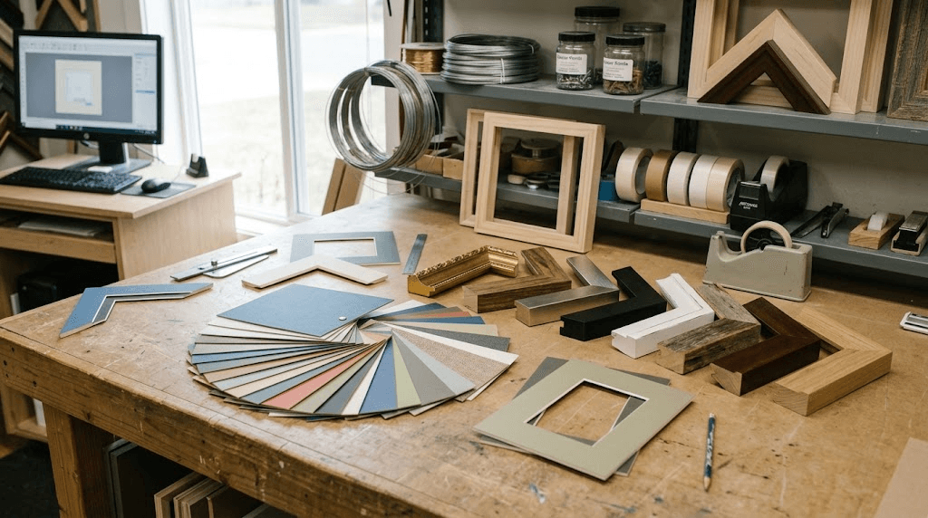 Two picture framing estimates side by side on a linen table with a calculator, pen, mat swatches, and labeled oak, walnut, and black moulding samples.