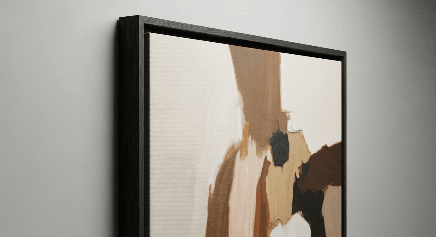 A stretched canvas painting in a black wood floater frame on a wall, angled to show the reveal gap between the canvas and the frame