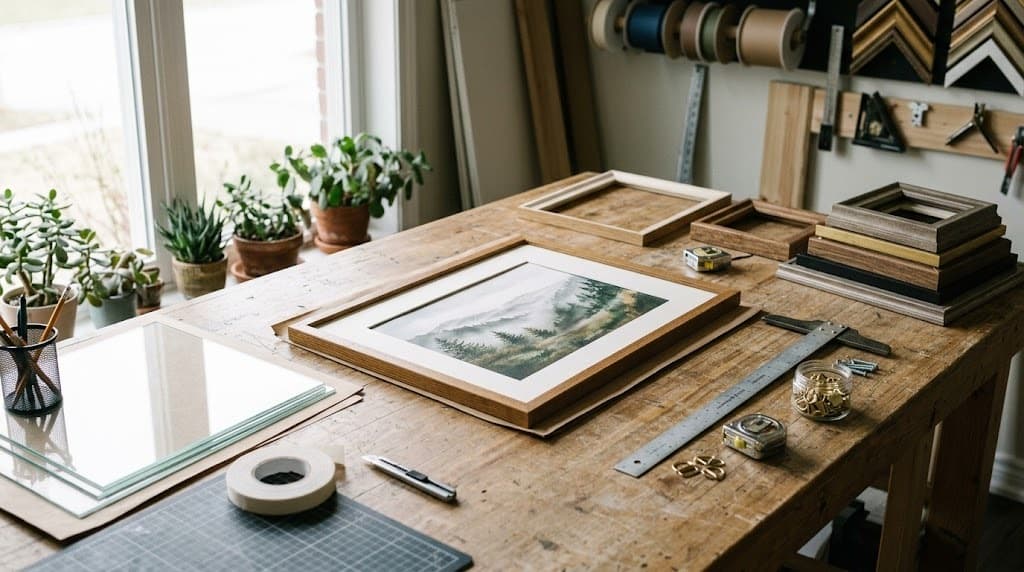 A picture framing studio bench with frame corner samples, mat boards, and tools