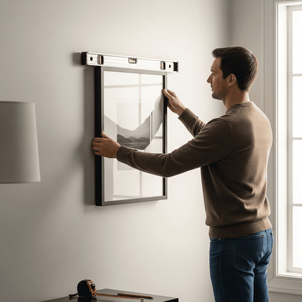 A person holding a framed picture against a clean wall with a bubble level on top, tape measure and pencil on a side table.