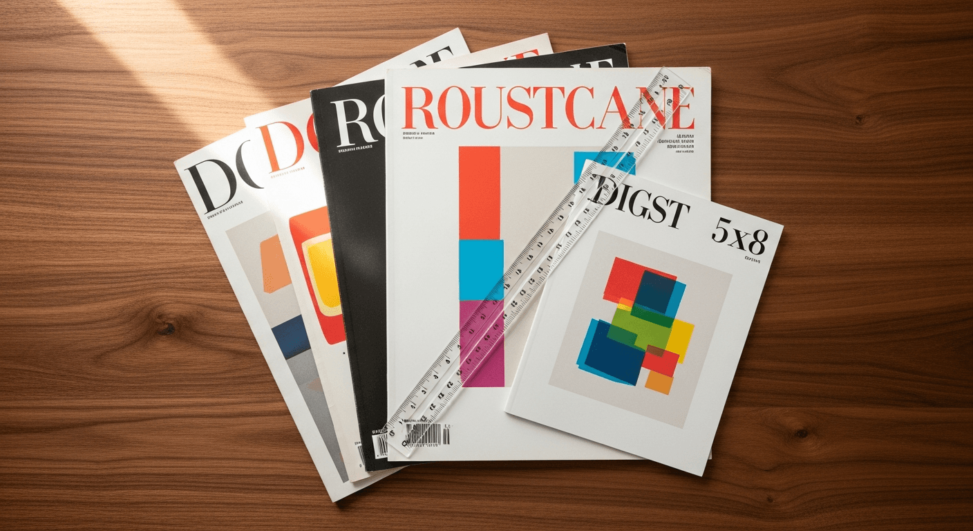 A fanned stack of three different-sized collectible magazines on a walnut surface with a clear acrylic ruler laid across for scale.