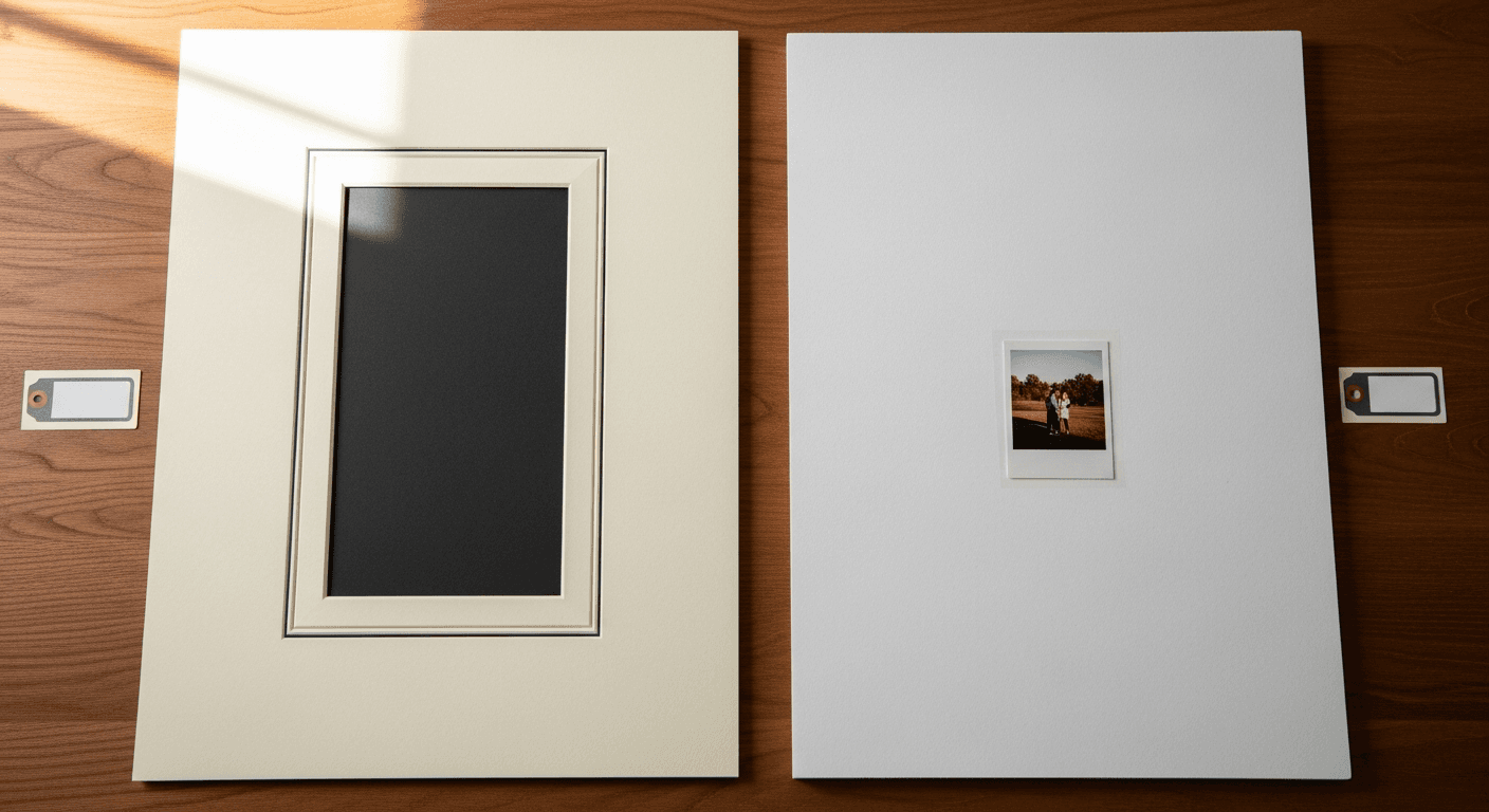 A beveled cream mat board with a window cut next to a plain white foam-core mounting board with a small photograph adhered to its face.