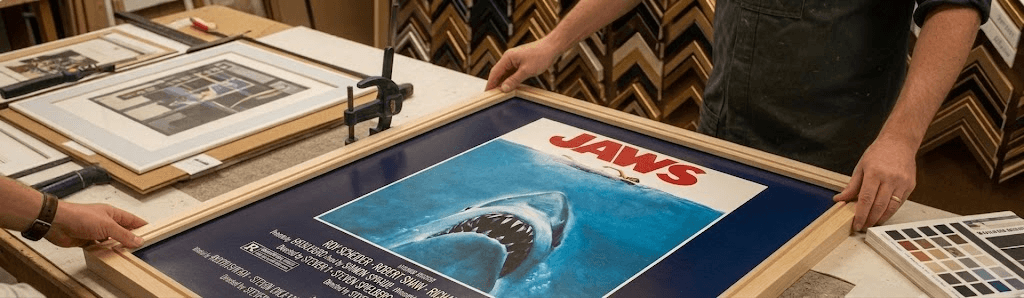 Vintage one-sheet poster being aligned in an oversized frame on a workshop floor.