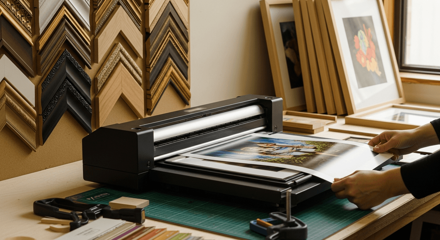 Workshop printer with a freshly printed photo being lifted off the platen, frame samples behind.