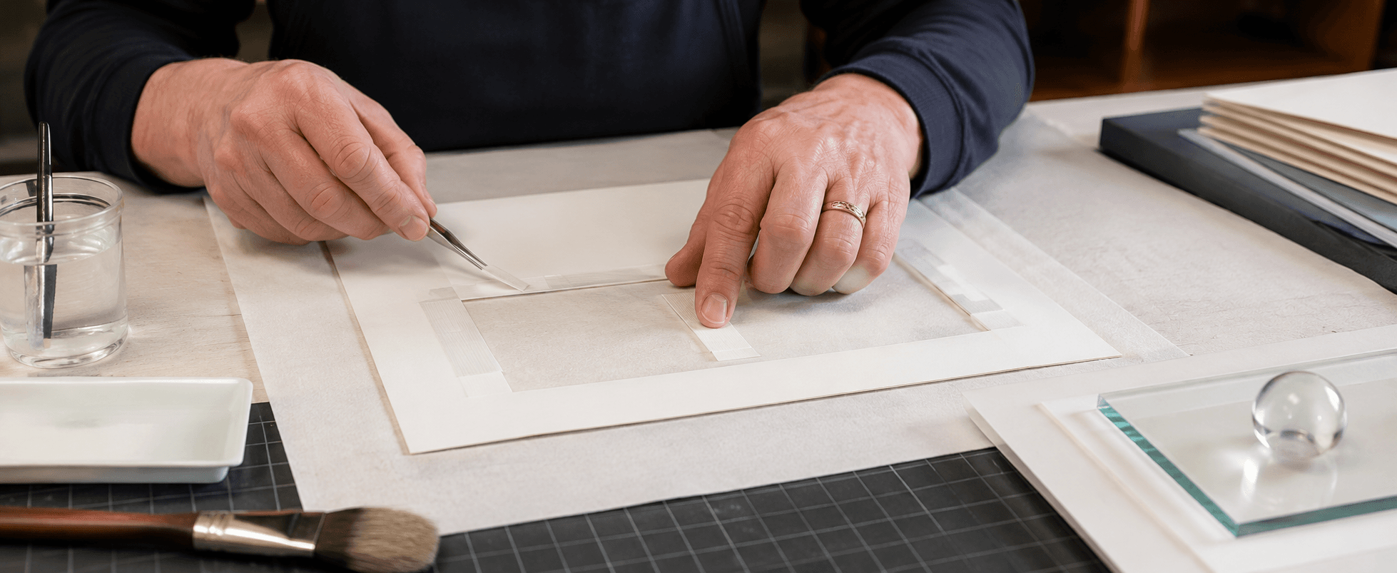 Print being hinged with archival linen tape onto a backing board, gloved hands and lamp.