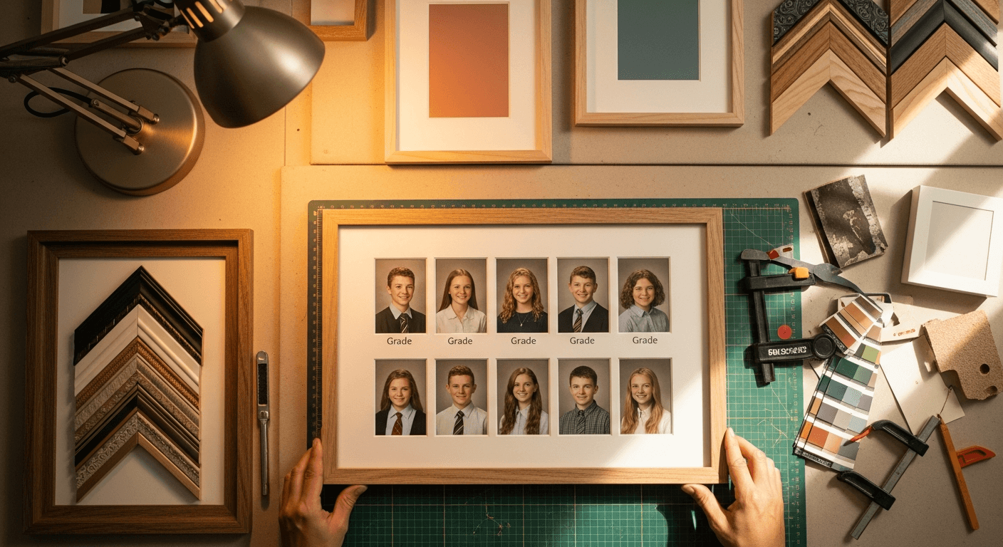 Row of school portraits across multiple grades in a single multi-opening collage frame.
