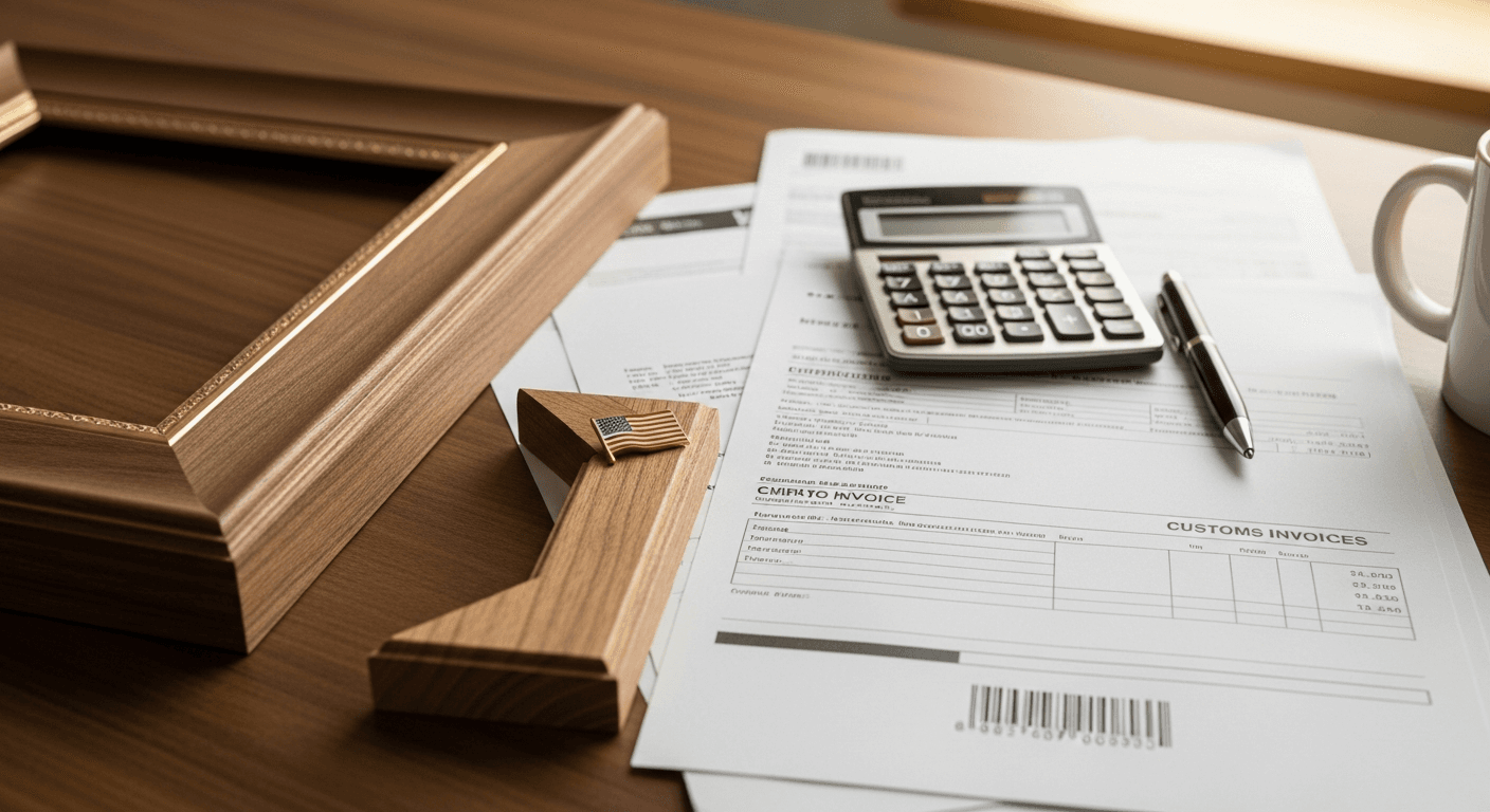 A walnut moulding sample, US flag pin, customs invoice documents, calculator, and pen arranged on a wood desk illustrating tariff cost impacts on picture framing.