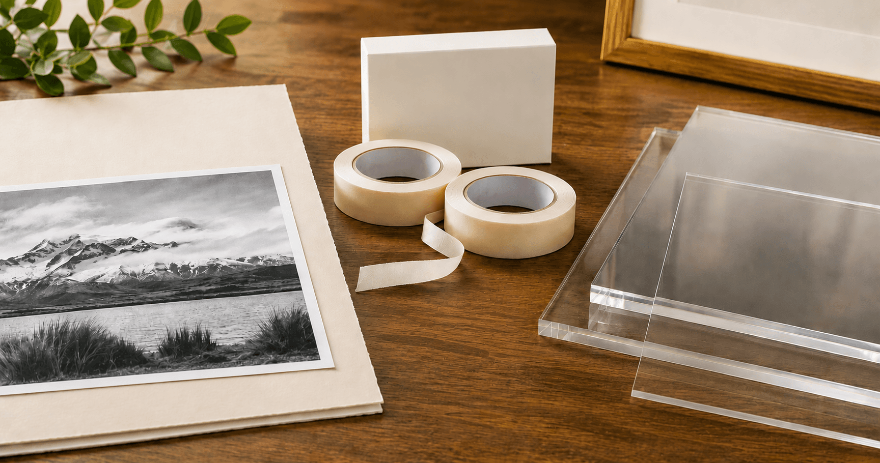 Cross-section of a picture frame assembly stack (acrylic glazing, white mat board, artwork, and foam-core backing), separated to show each archival layer