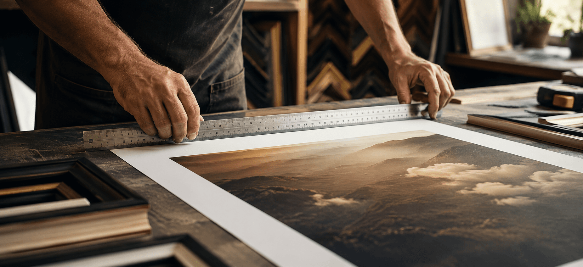 Steel ruler and measuring tape laid across a piece of artwork showing width and height being measured to the nearest one-eighth of an inch before ordering a custom-cut picture frame