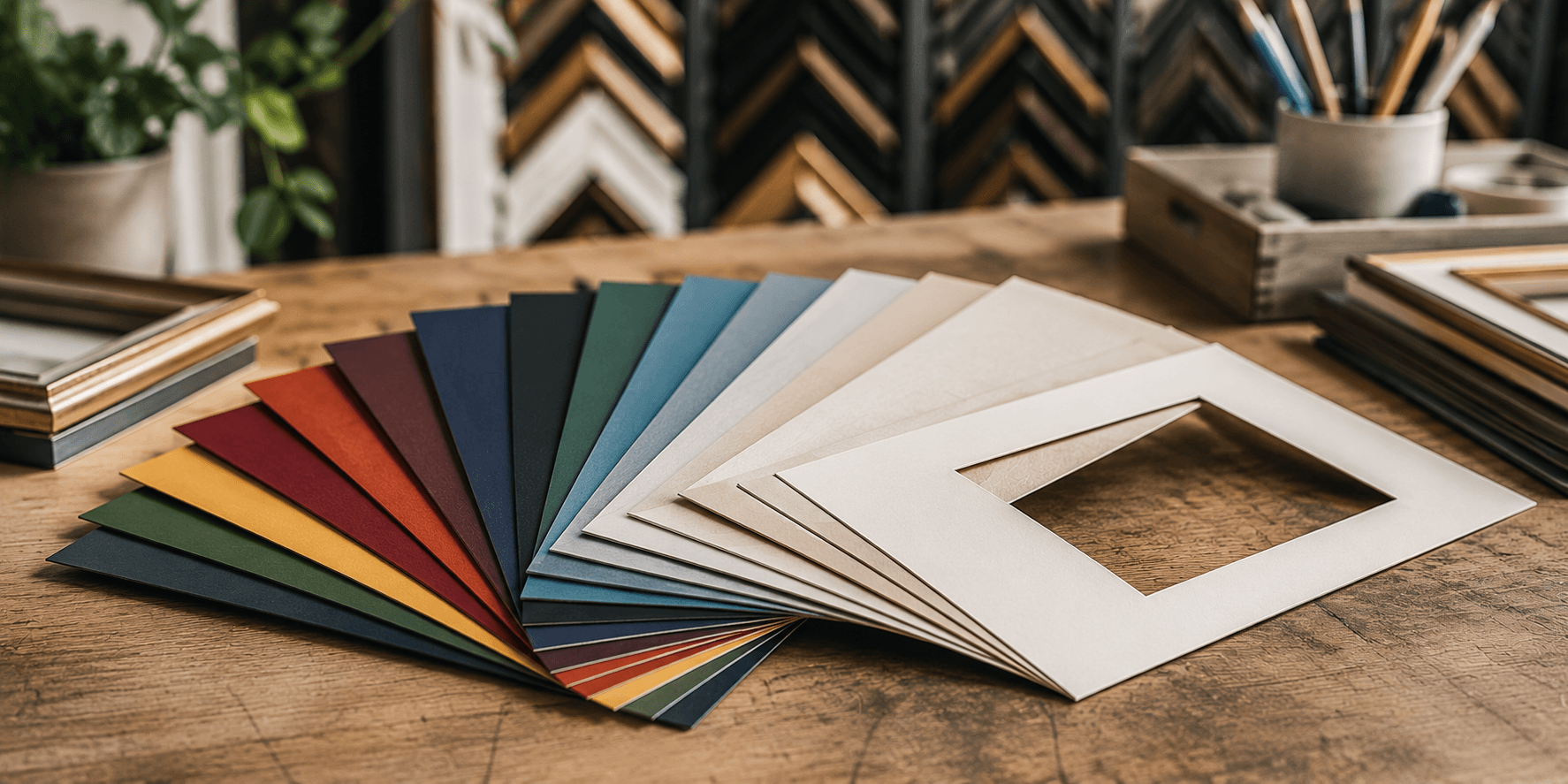 Fanned spread of archival matboard samples in a range of colors on a wood worktop, with framing moulding profiles in the background