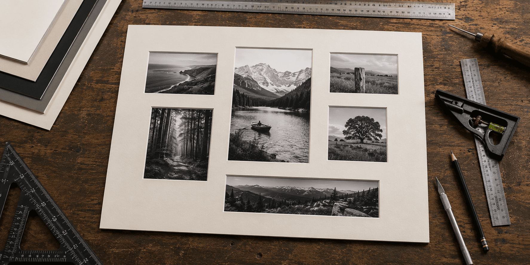White mat board with seven precision-cut rectangular and square openings arranged in a balanced grid for a collage picture frame