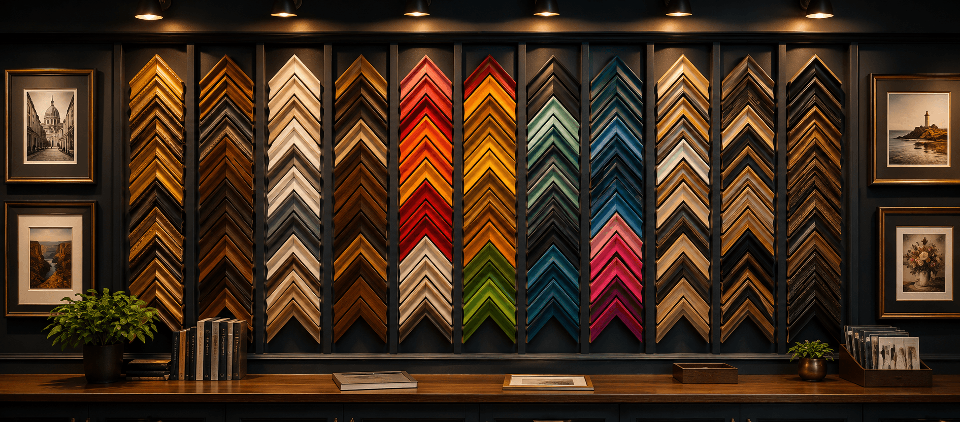 Picture frame moulding profile samples (solid wood, metal, and composite) fanned out to show different widths, depths, and rabbet sizes used to build custom picture frames