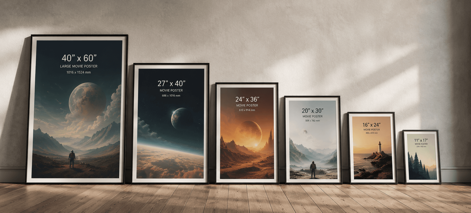 Framed movie posters and concert prints in standard poster frame sizes (18×24, 24×36, and 27×40) displayed on a wall