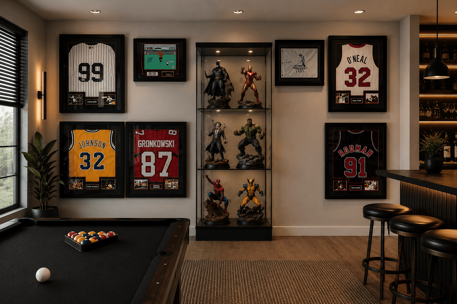 Home game room gallery wall featuring framed sports jerseys including Yankees #99, Lakers Johnson #32, Patriots Gronkowski #87, Heat O'Neal #32, and Bulls Rodman #91 alongside a framed signed artifact and a framed video game scene, surrounding a tall lit display case of action-figure collectibles, with a black pool table and bar stools in the foreground