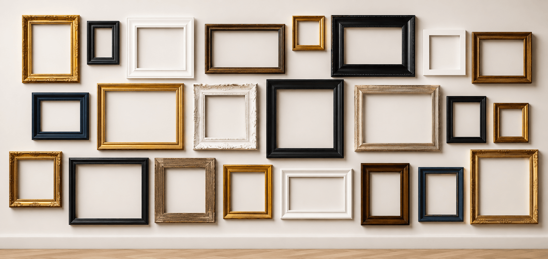 Stack of empty standard-size picture frames (4×6, 5×7, 8×10, 11×14, 16×20, and 24×36) arranged from largest to smallest to show the most common inside-opening dimensions