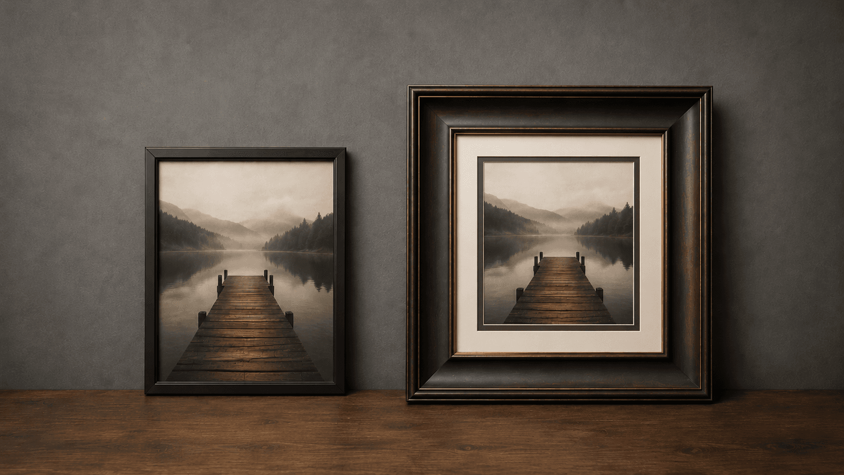 A row of empty stock picture frames lined up next to a single larger custom-built wood frame, propped against a neutral wall