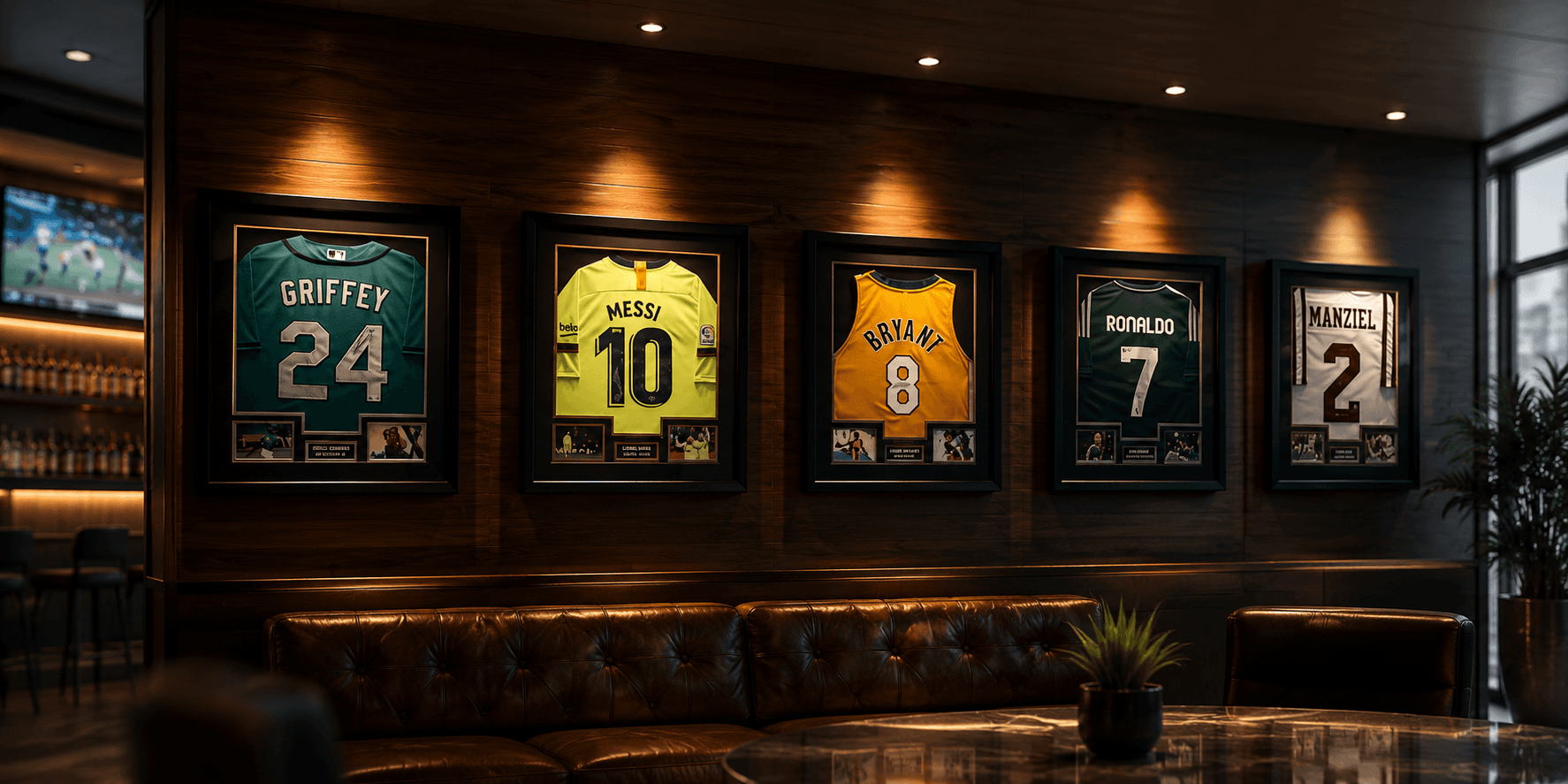 A wood-paneled sports lounge with a row of professionally framed signed sports jerseys mounted on the wall under accent lighting: Griffey, Messi, Bryant, Ronaldo, and Manziel, above a tufted leather sofa.