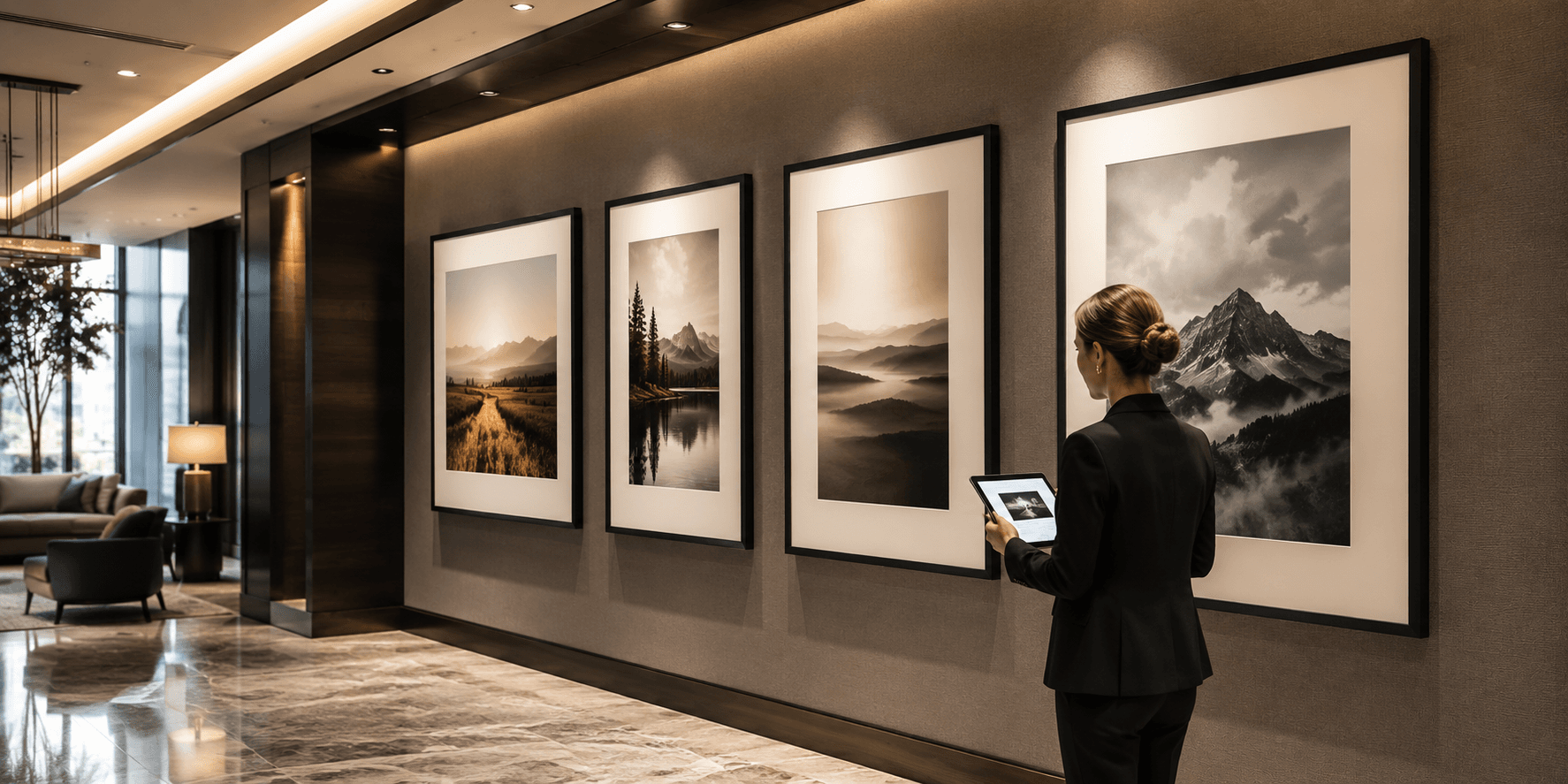 An art consultant in a dark suit reviewing a tablet in front of a row of four large, professionally framed landscape and mountain prints hanging on a fabric-paneled wall in an upscale corporate lobby.