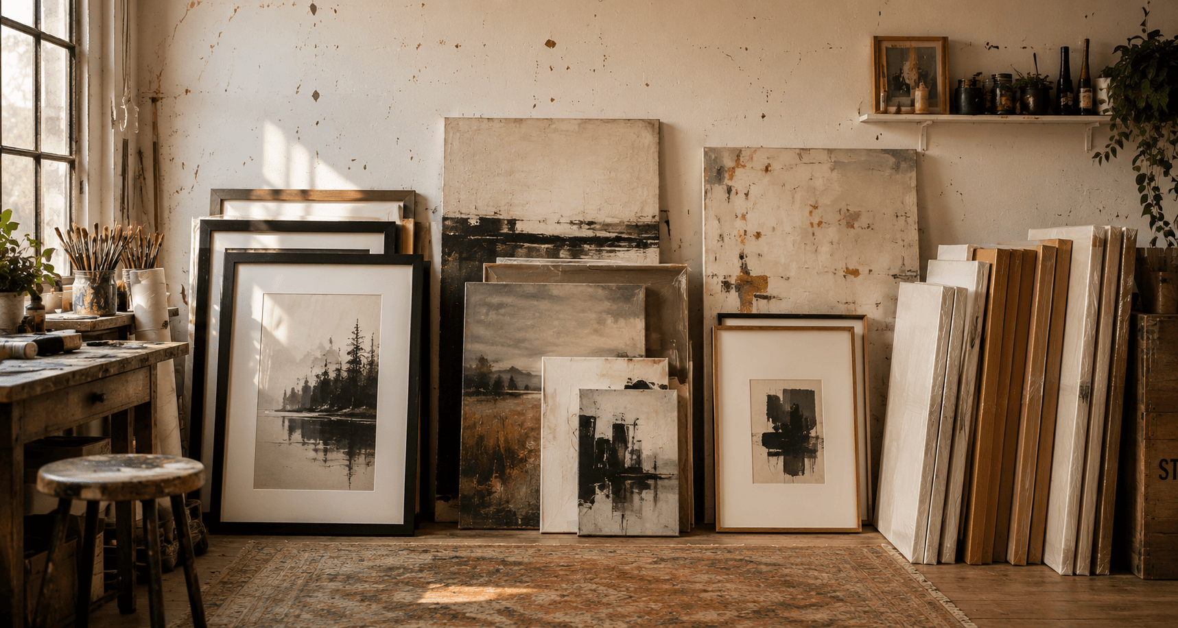 An artist's studio scene: a cluster of framed and unframed landscape and abstract paintings leaning against a textured plaster wall, with a wooden worktable holding paintbrushes in jars, warm window light raking across the room, and stretcher bars stacked along the right side.