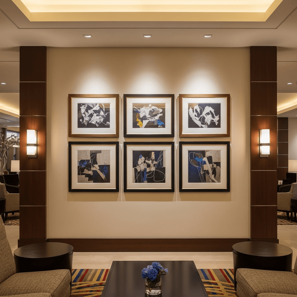 A coordinated grid of five to six matte-black-framed abstract artworks installed at scale on a feature wall in an upscale hotel lobby, with warm ambient lighting and contemporary furnishings