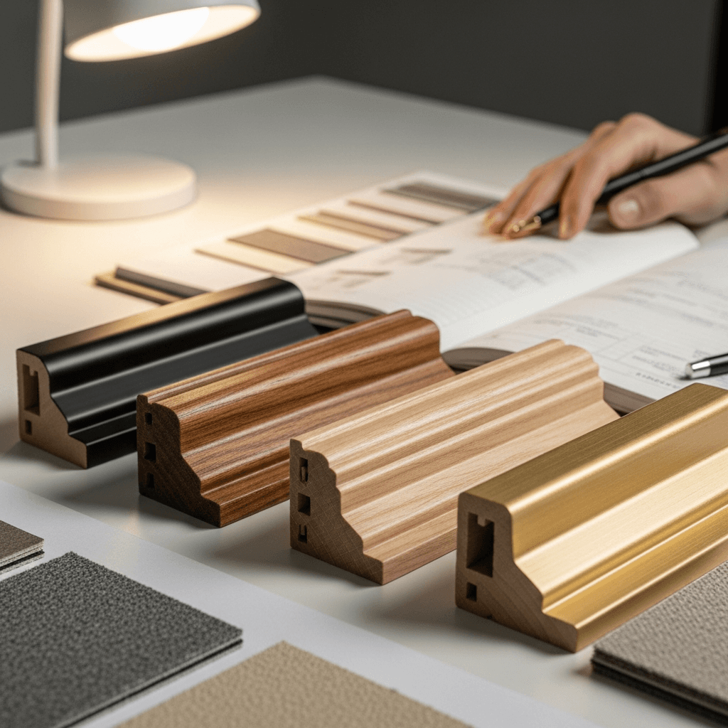 A B2B sample review setup: wood moulding corner samples in matte black, warm walnut, and brushed gold finishes arranged alongside fabric and paper material samples on a clean workspace, with a partially visible specification document