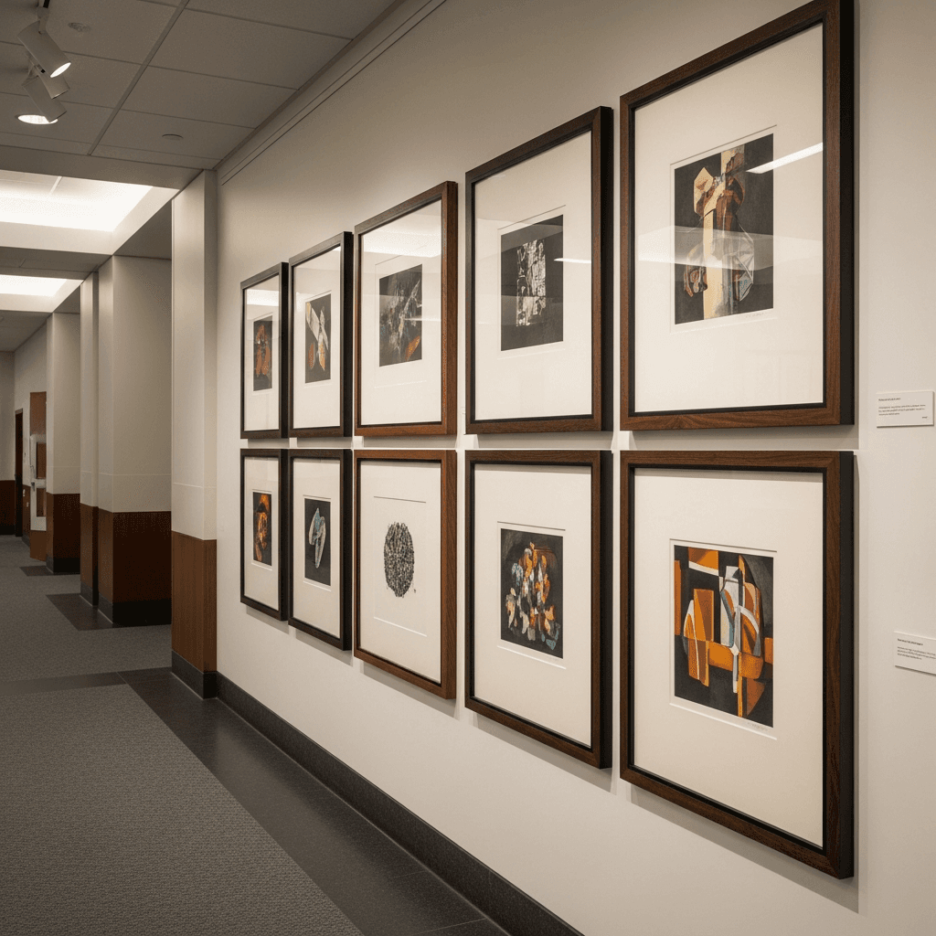 A coordinated gallery installation of six to eight matte-black-framed abstract artworks with ivory matting, arranged in a regular pattern along a sophisticated institutional corridor with polished materials and architectural lighting