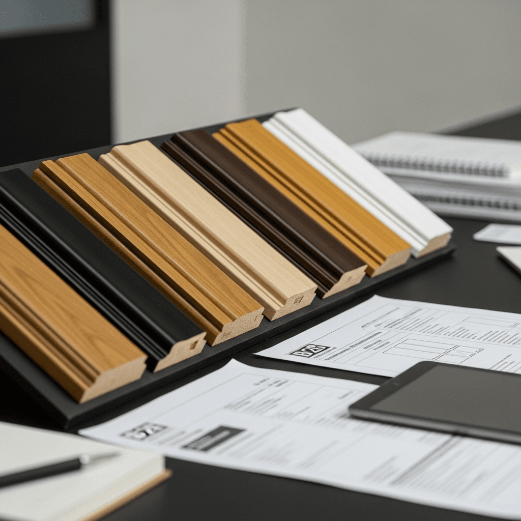 An institutional framing project specification meeting setup: wood moulding corner samples in coordinated finishes arranged on a presentation board alongside specification documents and a tablet for project notes, on a clean conference-room workspace