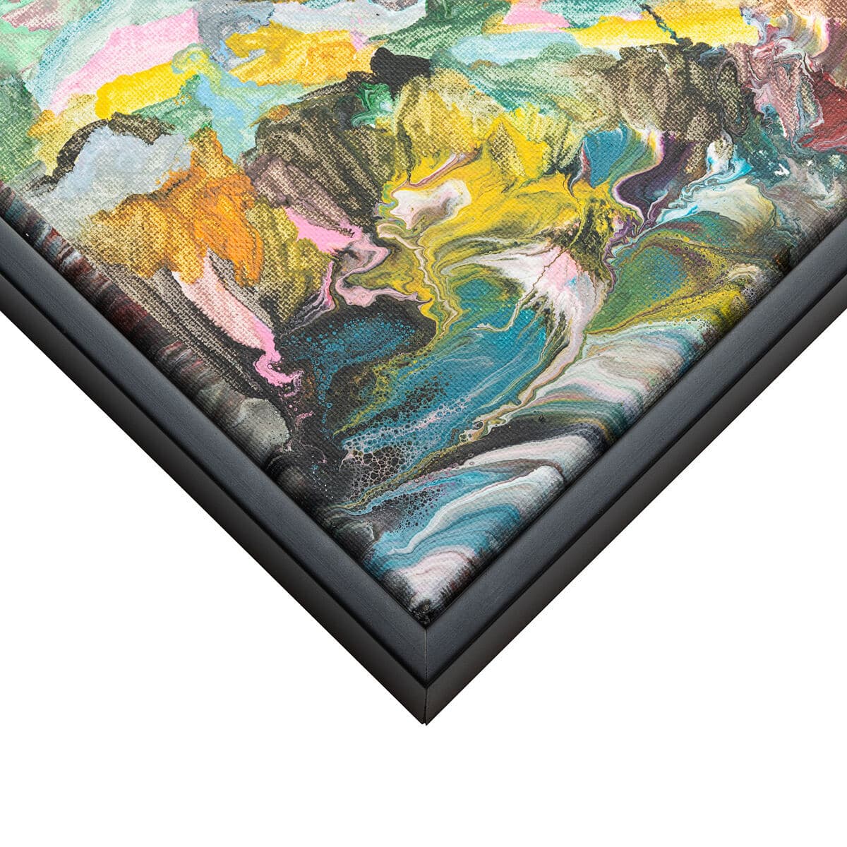 Black canvas float frame on a living room wall