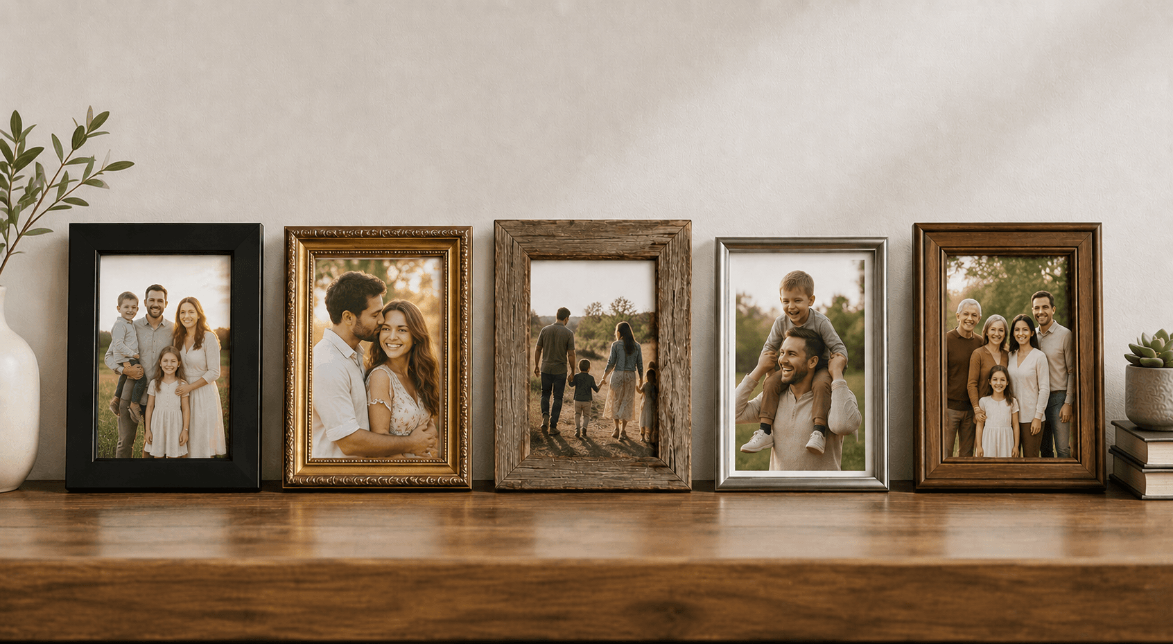 Five family-photo frames lined up on a wood shelf (modern black, ornate gold, rustic barnwood, modern silver, and traditional walnut), showing five distinct style families side by side