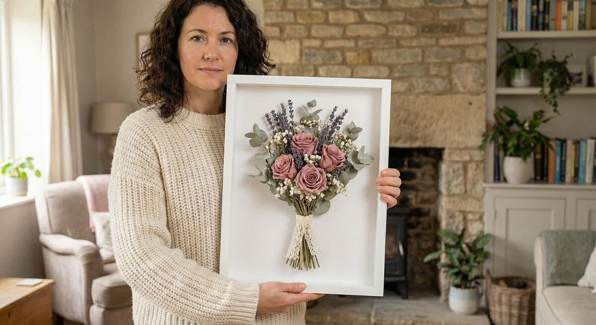 Preserved wedding bouquet arranged inside a deep shadow box frame on a styled wall