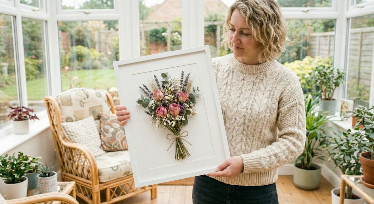 Preserved flowers displayed in a deep shadow box frame in a home interior
