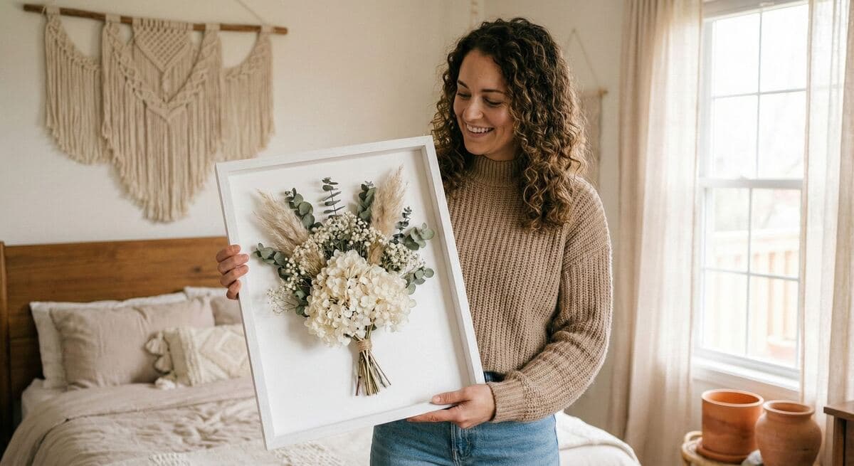 Dried wedding flowers pinned to suede backing inside a shadow box frame